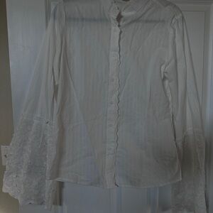 White Lace-Trim Button Front Blouse